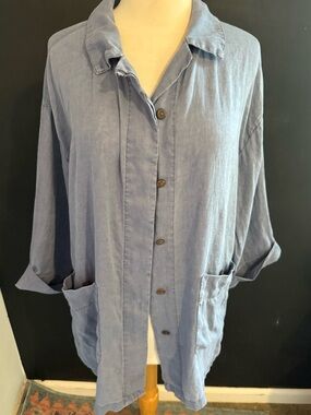 Tahari Slate Blue Linen Tunic  Top
